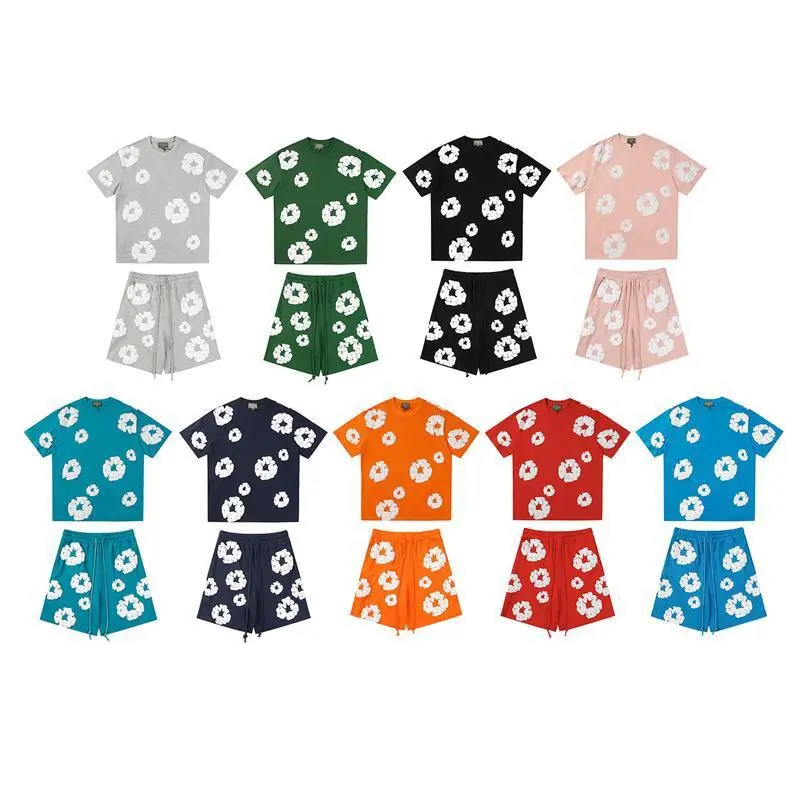 Denim Tears Kapok Puff Print Maychao Loose Men's and Women's Short Sleeve T-shirt Casual Shorts Suit