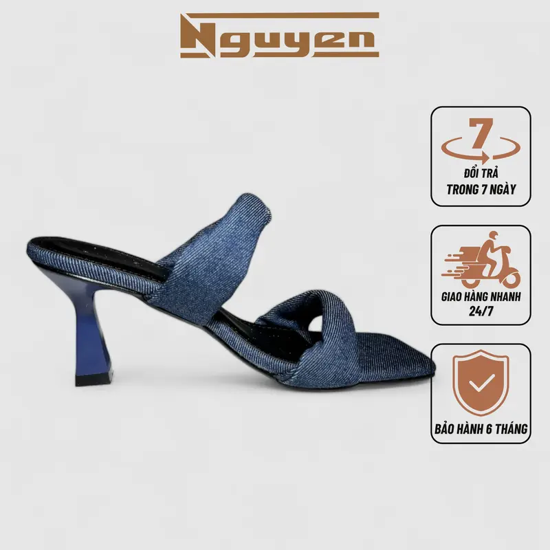 (Chân dày tăng size) Giày nữ cao gót 7p phối 2 quai ngang thời trang với chất liệu da và denim sang trọng Nguyễn Gia N168 2
