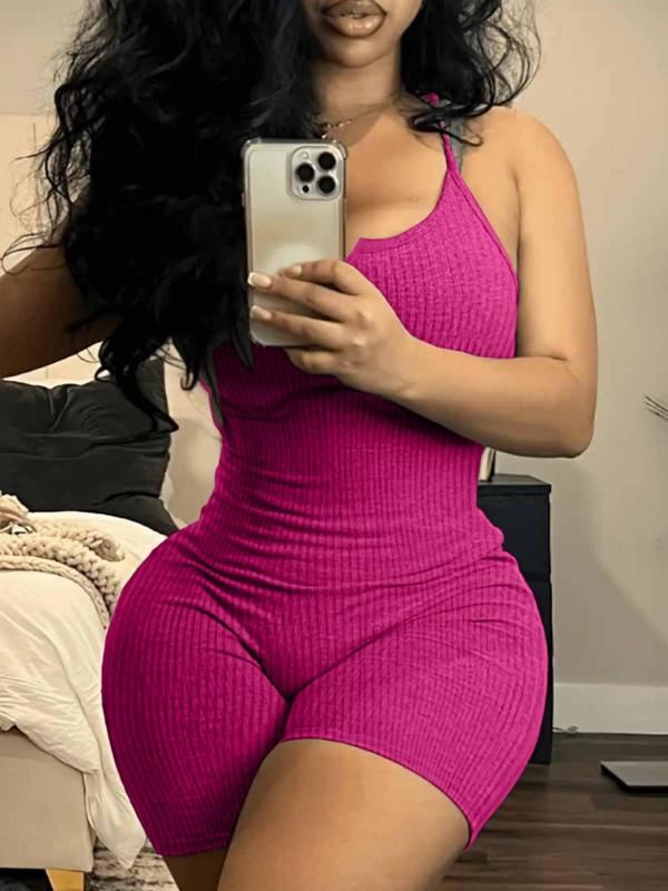 Women's Solid Color Notched Neck Cami Ribbed Romper, Casual Basic Spaghetti Strap Sleeveless Skinny Romper for Summer, Ladies Clothes for Daily Wear 5