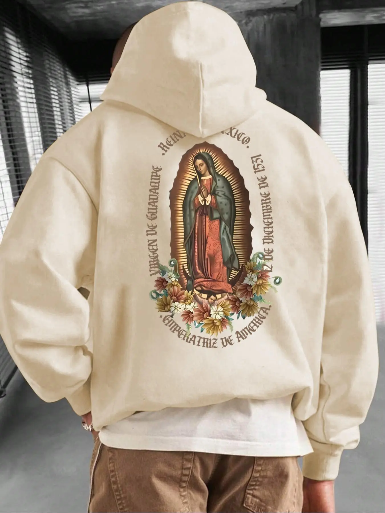 Men's Letter & Virgin Mary Print Drop Shoulder Hoodie, Fashion Casual Regular Fit Drawstring Pocket Hooded Sweatshirt for Daily Holiday Outdoor Wear, Men Clothes for Fall & Winter