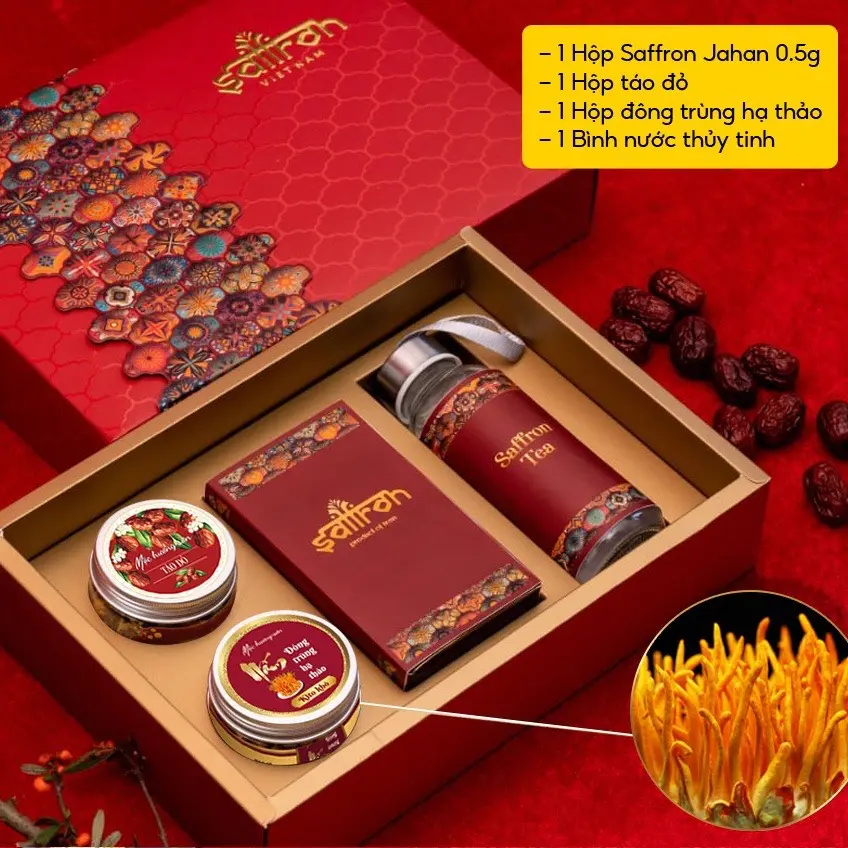 set quà 8/3  saffron jahan 0.5gr kèm  đông trùng táo đỏ cao câp