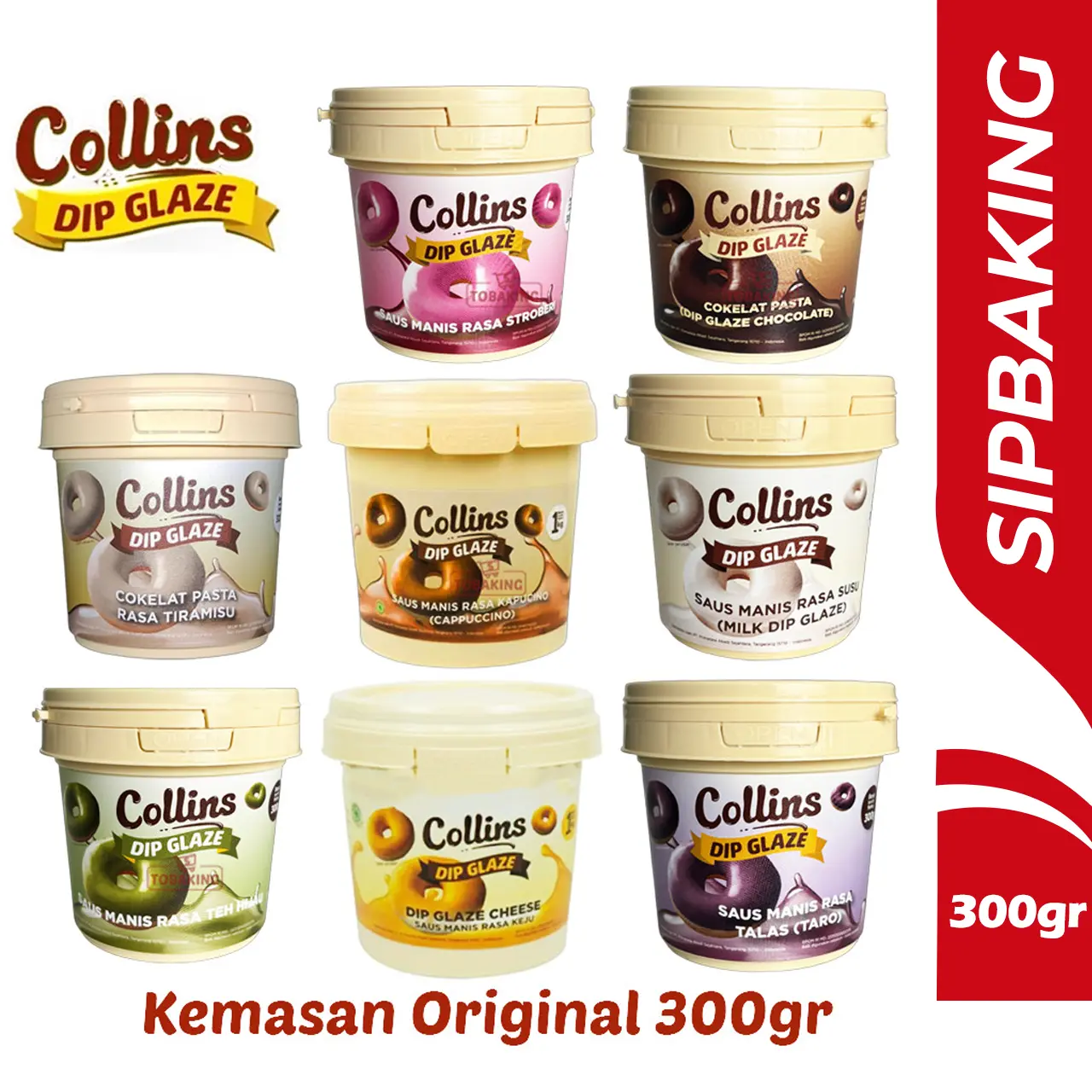 Collins Dip Glaze 300gr Chocolate Tiramisu Strawberry Green Tea Taro Topping Kue Donut Pisang