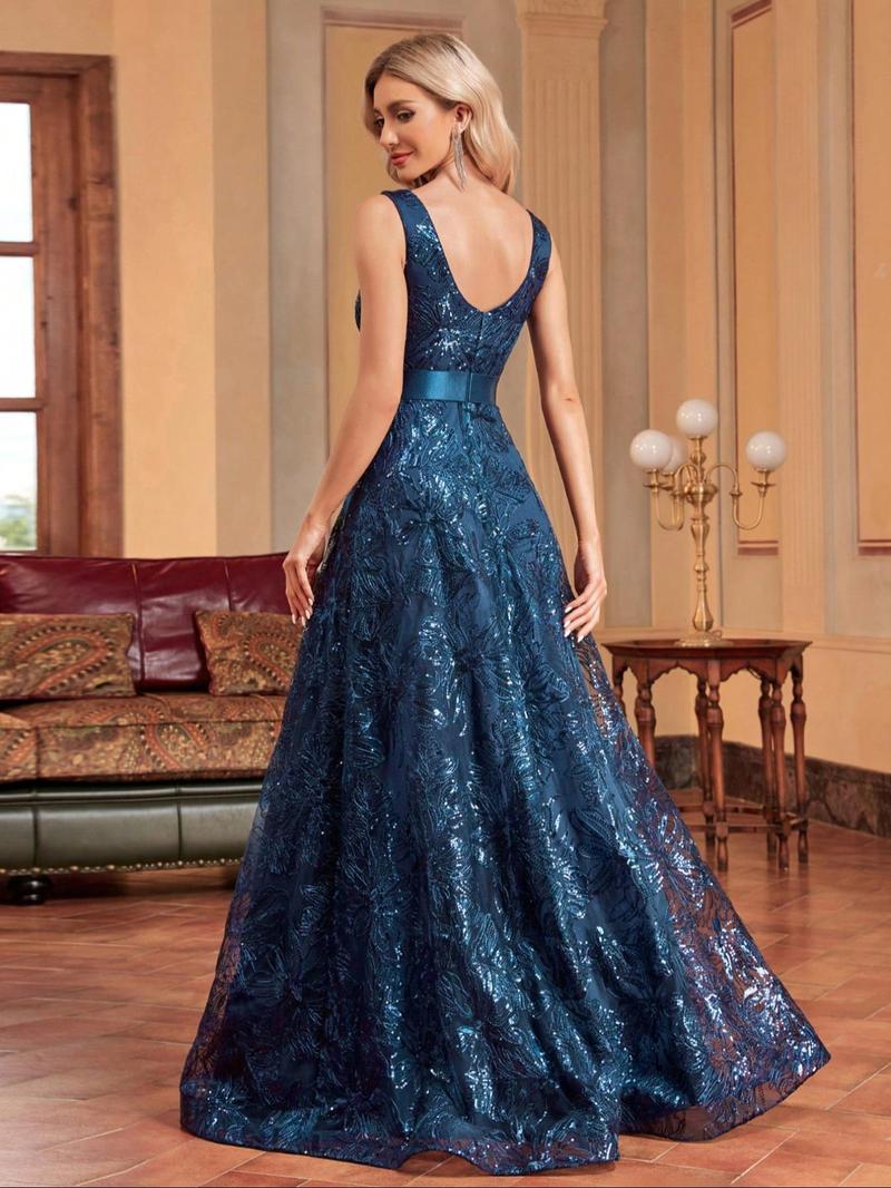 Product Introduction of Women's Floral Sequins Backless Sheer V Neck Evening Dress, Summer Clothes Women, Lady's Dresses Summer, Elegant Sleeveless Maxi A Line Gown for Party Wedding Bridesmaid, Ladies Summer Clothing 7