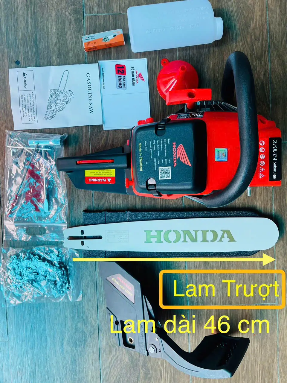 Máy cưa xích chạy xăng pha nhớt 2T, lam trượt, ốp giật nhôm