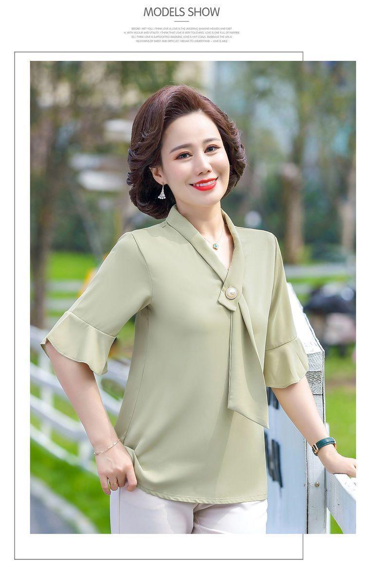 Product Introduction of Áo Phong Cách Phương Tây Ngắn Tay, Quần Áo Cho Mẹ, Thích Hợp Cho Mẹ TRUNG NIÊN Và TRUNG NIÊN, Hàng Mới Về, Dáng Rộng Vừa Vặn, Làm Bằng Voan, 40-50 Tuổi Nữ Top Women Shirt Sơ Mi 14