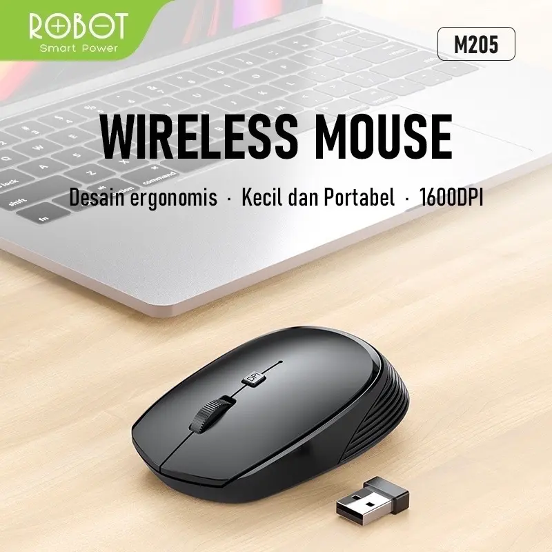 ROBOT Mouse Wireless M205 2.4G 800 - 1600DPI Receiver USB Garansi Original Resmi Black 2