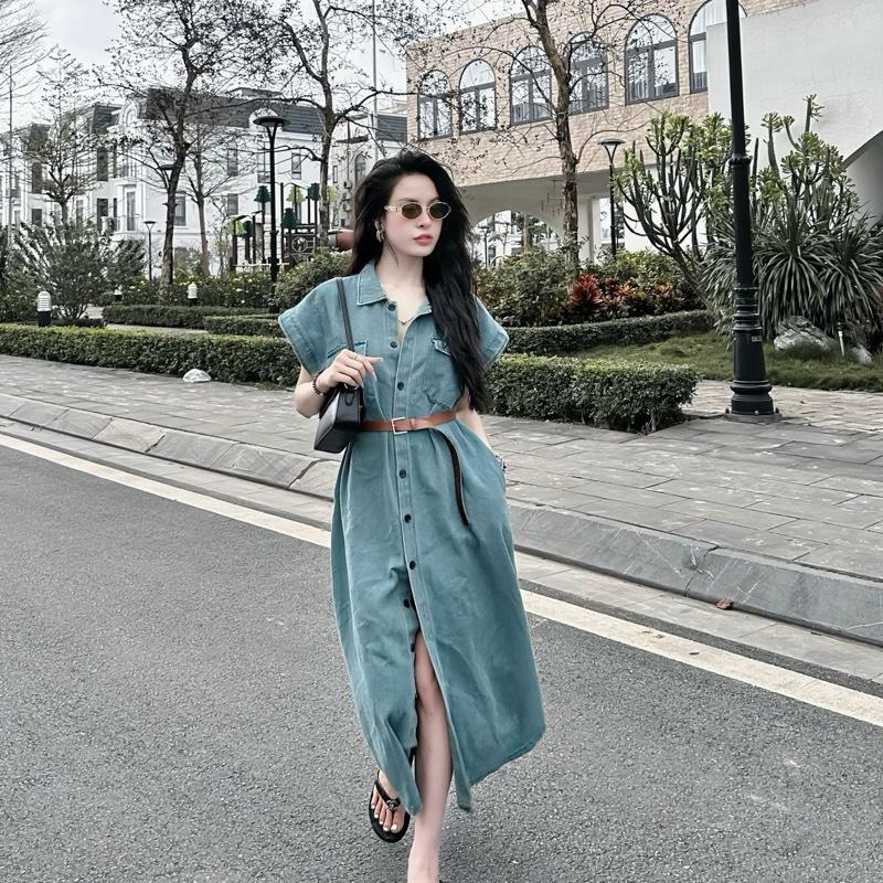 VÁY BÒ 2 TÚI CÀI NÚT FOM DÀI TAY CỘC KÈM ĐAI V06 2