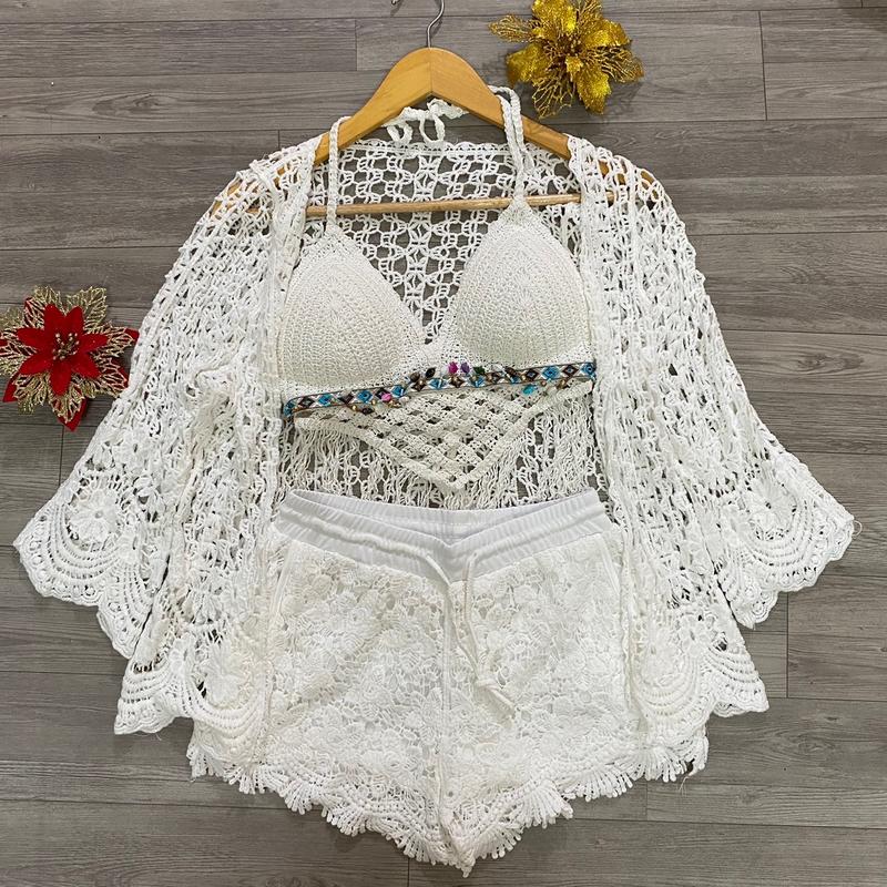 49-Set bộ bơi bikini đi biển len móc 3 món gồm quần sóc hoa, áo bra hạt tam giác tua rua,áo choàng dày hàng QC