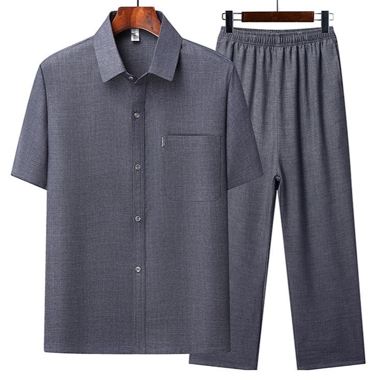 Đồ bộ trung niên nam set đồ cổ bẻ áo ngắn tay quần dài chất liệu đũi mộc nhẹ mát Phong cách sang trọng cho ông cho bố Menswear Trắng Xám be Sơ Mi set