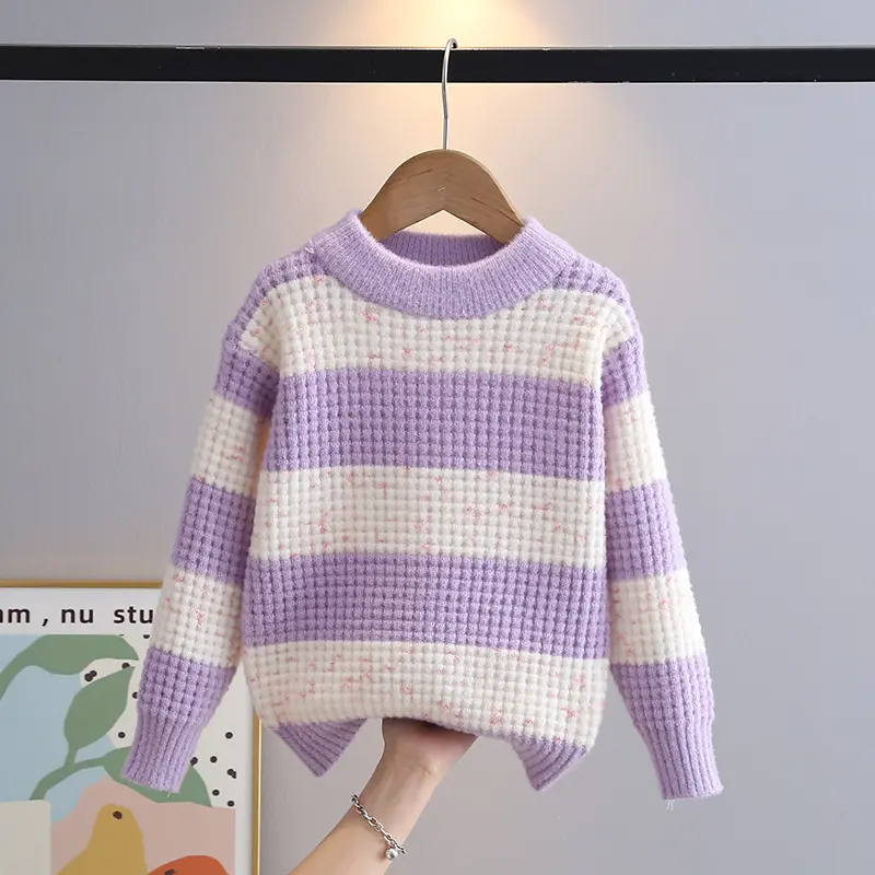 Girl's Sweater New Autumn Western Style Striped Sweater for Children and Girls Winter Thermal Head Cover Girls' Top