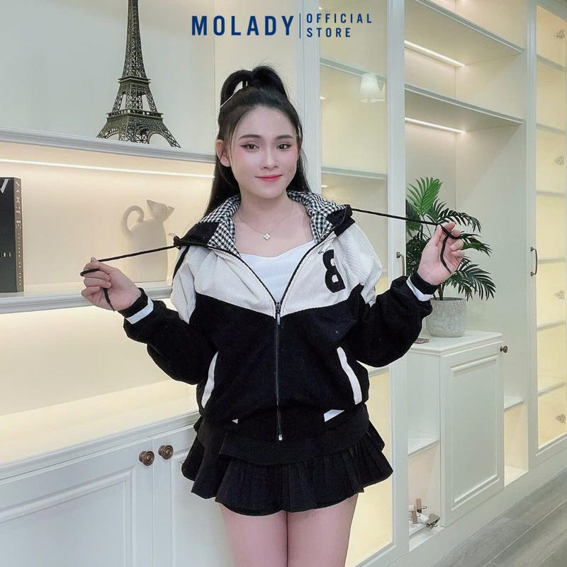 Product Introduction of Áo Khoác Nhung Nữ MOLADY K376 Có Nón Thiết Kế Khoá Kéo Lót Caro Phối Màu Top Jacket 31