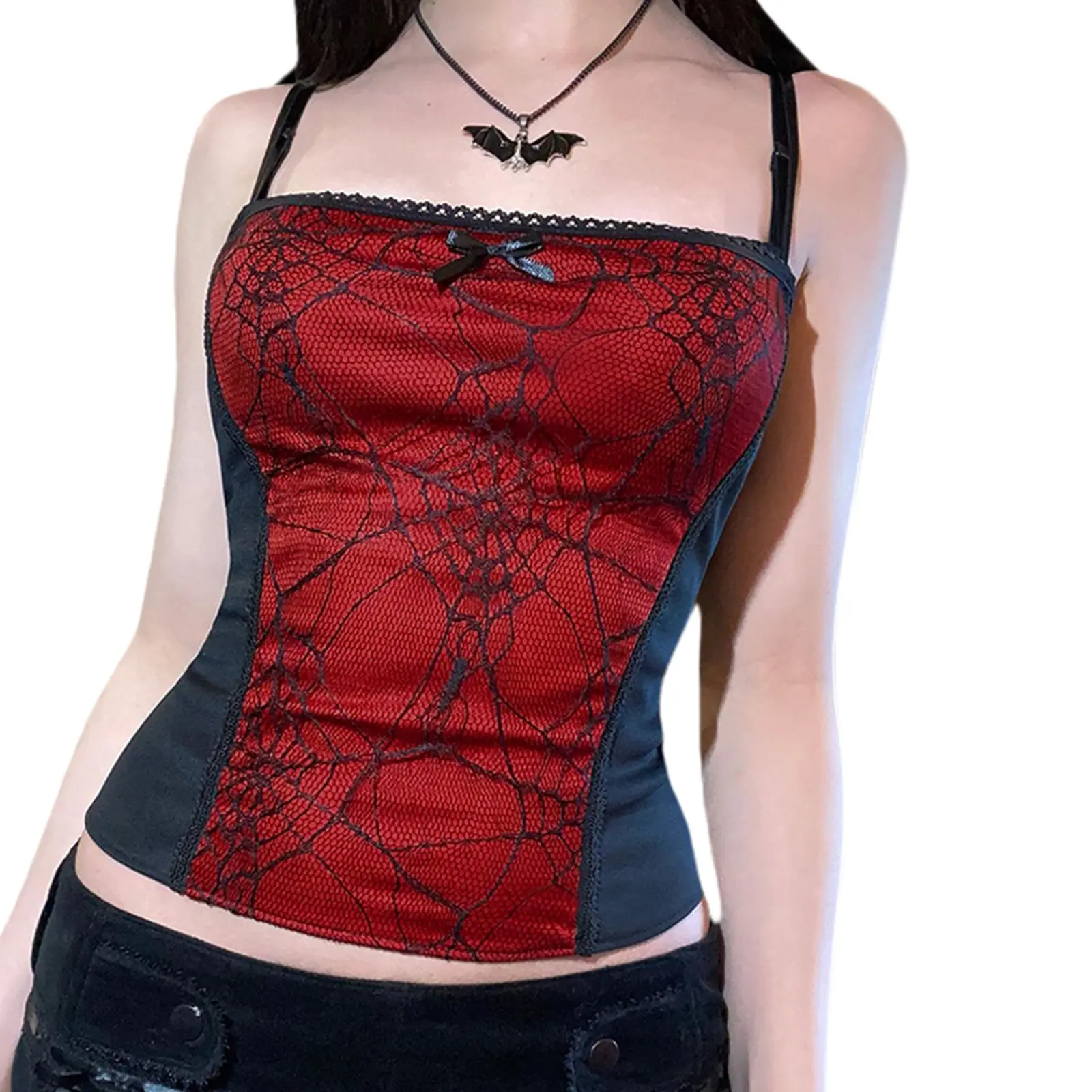 Y2K Aesthetic Gothic Cami Tops for Women Grunge Mall Goth Crop Top Mesh Lace Tank Lace Top E-girl Summer Slim Tees