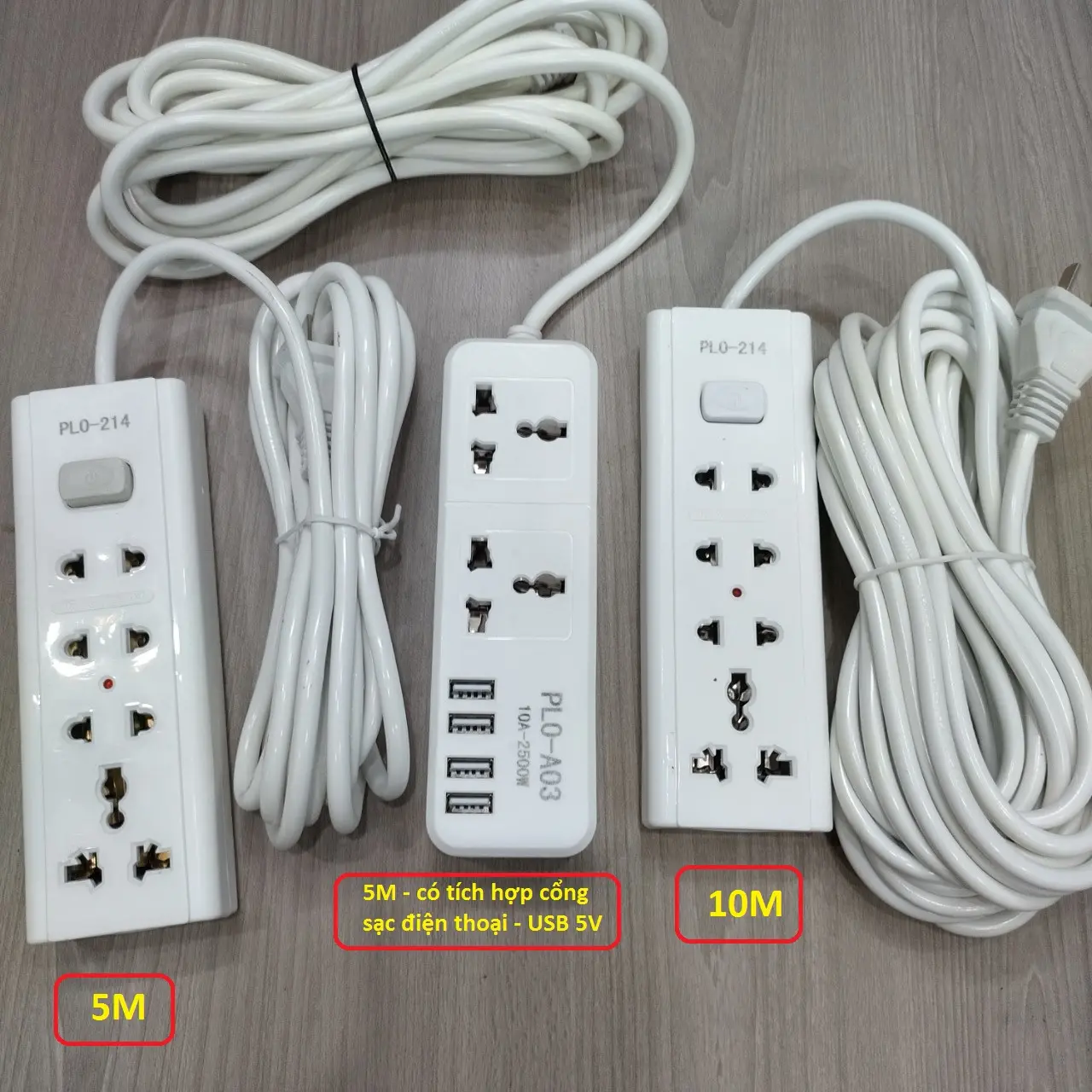 Ổ cắm PLO-214 4 lổ 2 chấu có công tắc dây dài 5m -10m giá rẻ- chất lượng tuyệt vời