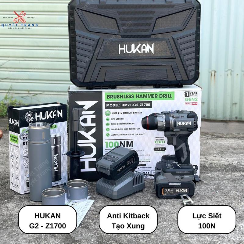 Máy Khoan Pin Hukan Z1700 3 Chức Năng Đầu Kẹp 13mm Auto Lock + Anti Kitback + Tạo Sung Tặng Bình Giữ Nhiệt Hukan 