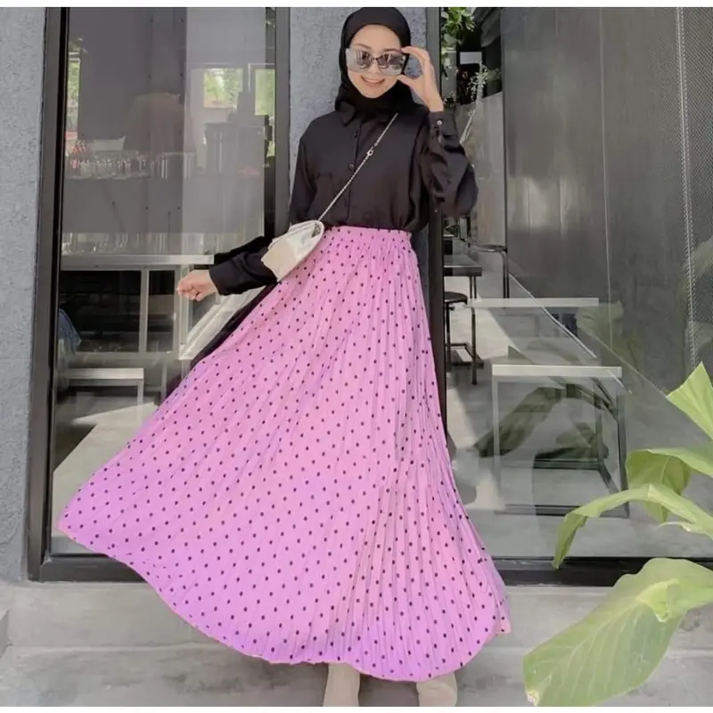 ROK PLISKET MOTIF POLKADOT 7/8 PREMIUM Bawahan Muslimah Rok Plisket Panjang Motif Wanita Terbaru | MOKAT STORE 1