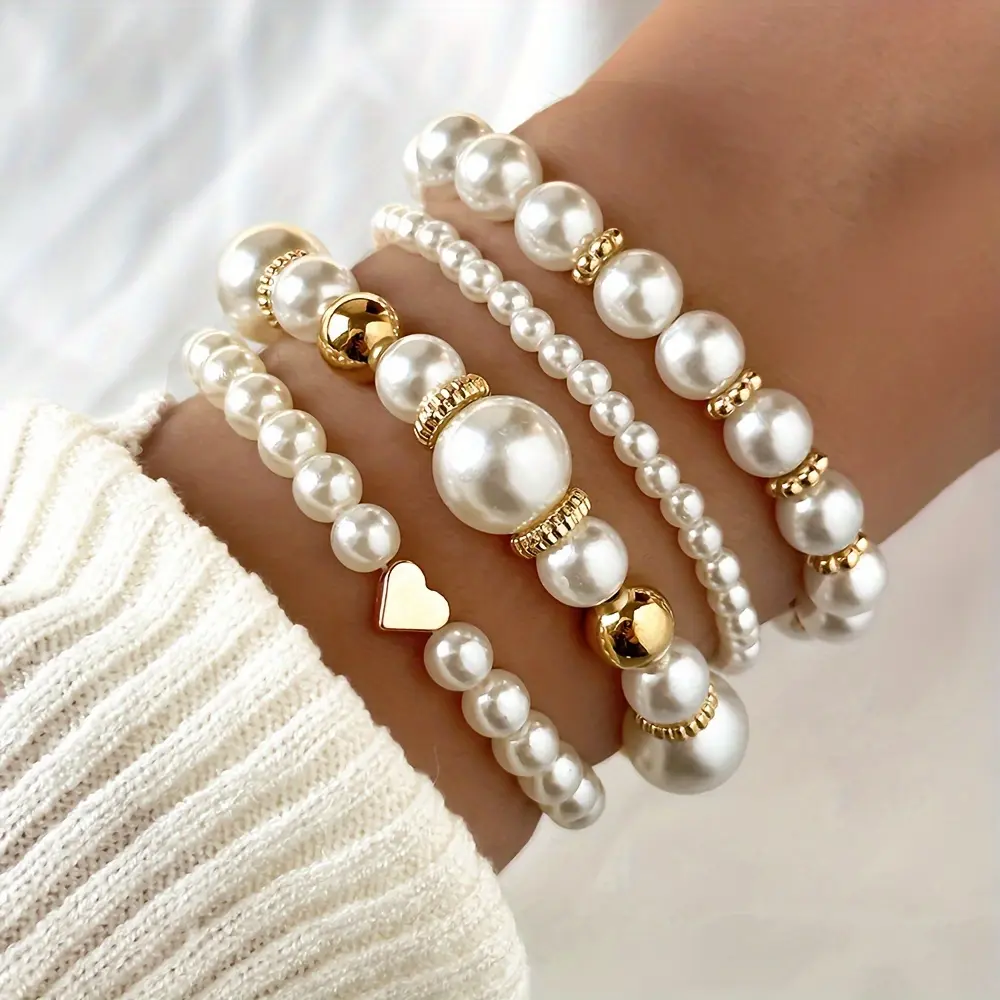 4 PCs White Artificial Pearl Beads Beaded Bracelet Suit Elegant Handmade Handmade String Jewelry Accessories