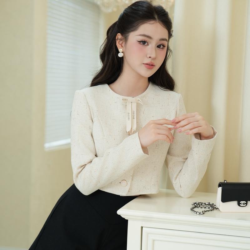 Mary Top - Áo khoác dạ tweed dáng lửng , nơ cài cổ