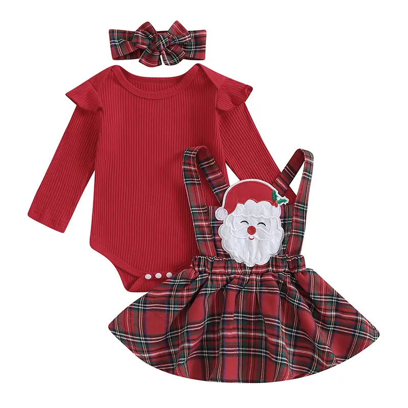 Baby Girls Christmas Outfit, Long Sleeve Elk/Solid Romper with Plaid Suspender Dress and Headband