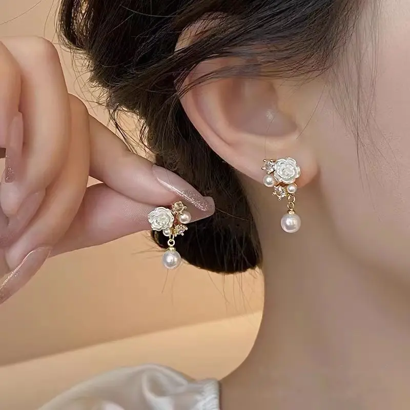 White Flower Drop Earrings Camellia Flower Earrings Women