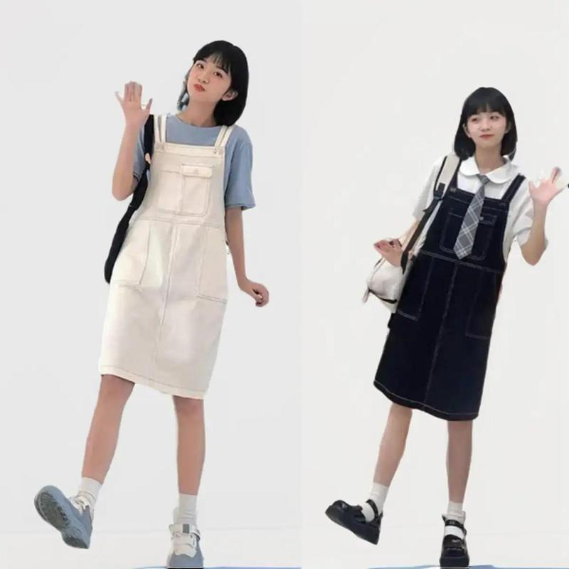  Yếm váy 2 dây chỉ nổi chất liệu kaki 2 màu Đen Trắng dưới 58kg Nữ Dress Women 