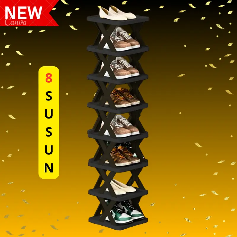 Rak Sepatu & Sandal Susun Plastik Portable Aesthetic / Tempat Sepatu Susun 6 & 8 Susun [Full Black Series] 1
