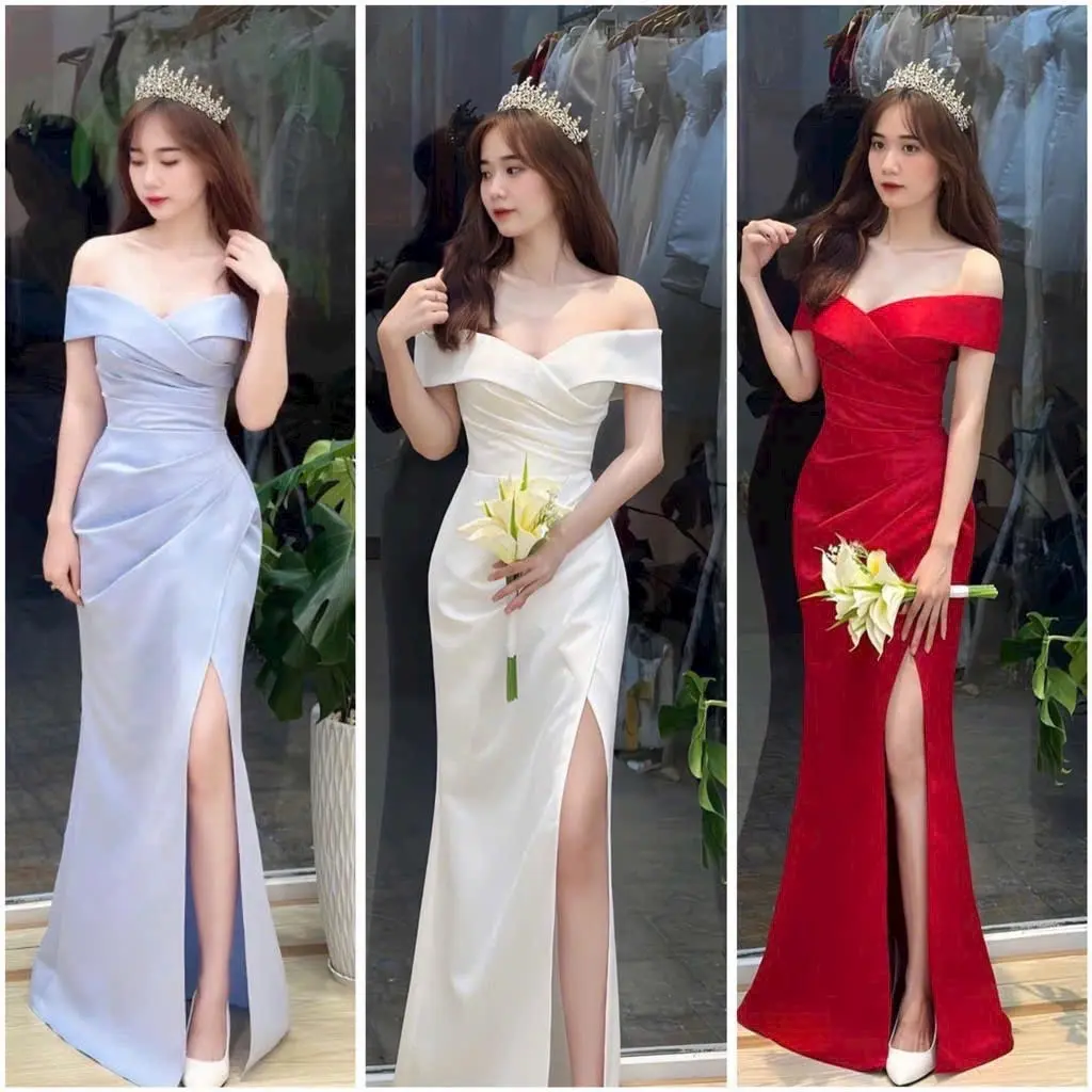 Đầm maxi cưới TRIPBLE T DRESS body trễ vai xẻ đùi - size S/M/L váy xẻ tà midi