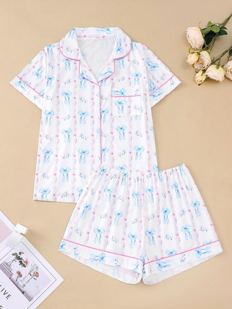 Product Introduction of Two-piece Set Women's All Over Bow Print Pocket Button Front Shirt & Bow Decor Shorts Pyjama, Casual Comfy Short Sleeve Lapel Top & Elastic Waist Shorts Pj Set, Ladies Summer Sleepwear, Summer Friday Set, Sleep Sets, Pajamas 4