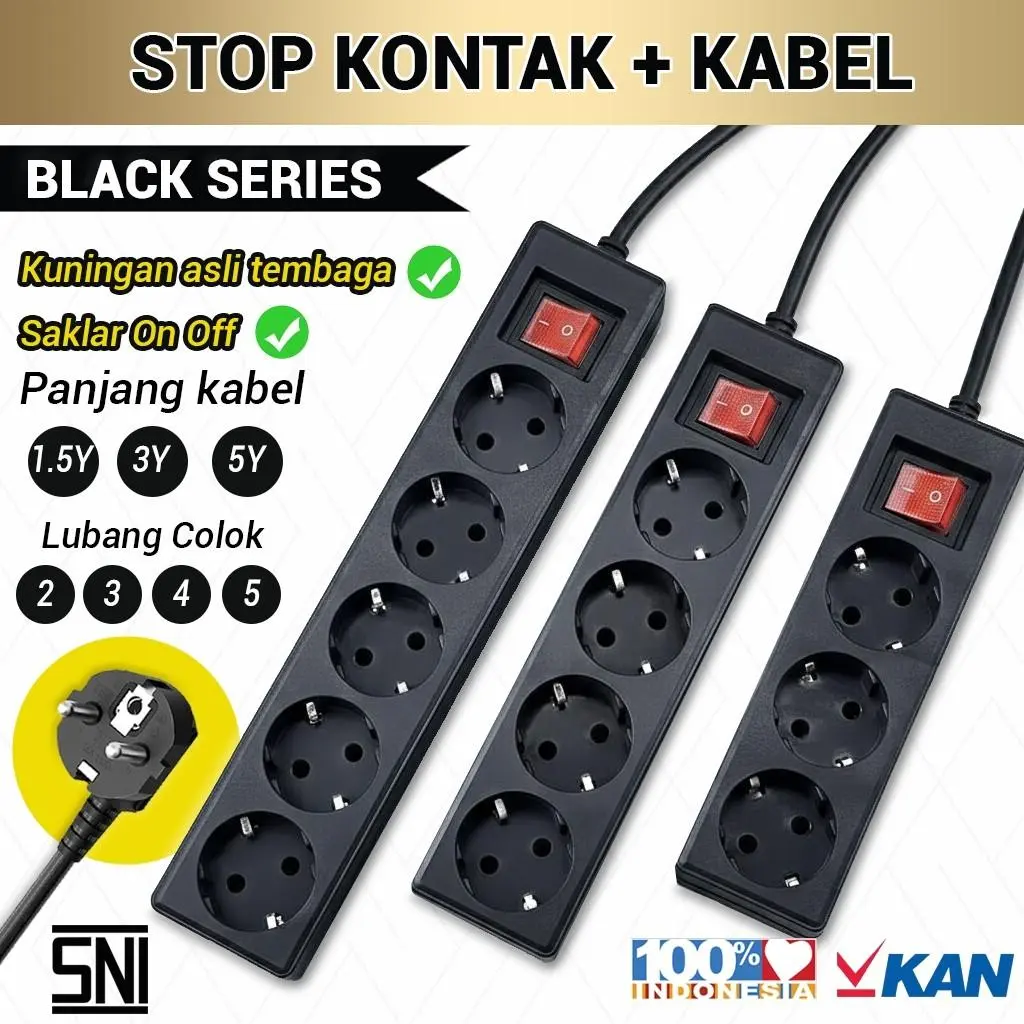 Stop Kontak Colokan Kabel HITAM FULL 3 4 5 Lubang Panjang Kabel 1,5Y 3Y 5Y 10Y YARD Kuningan SNI 220V 10A Free Ongkir