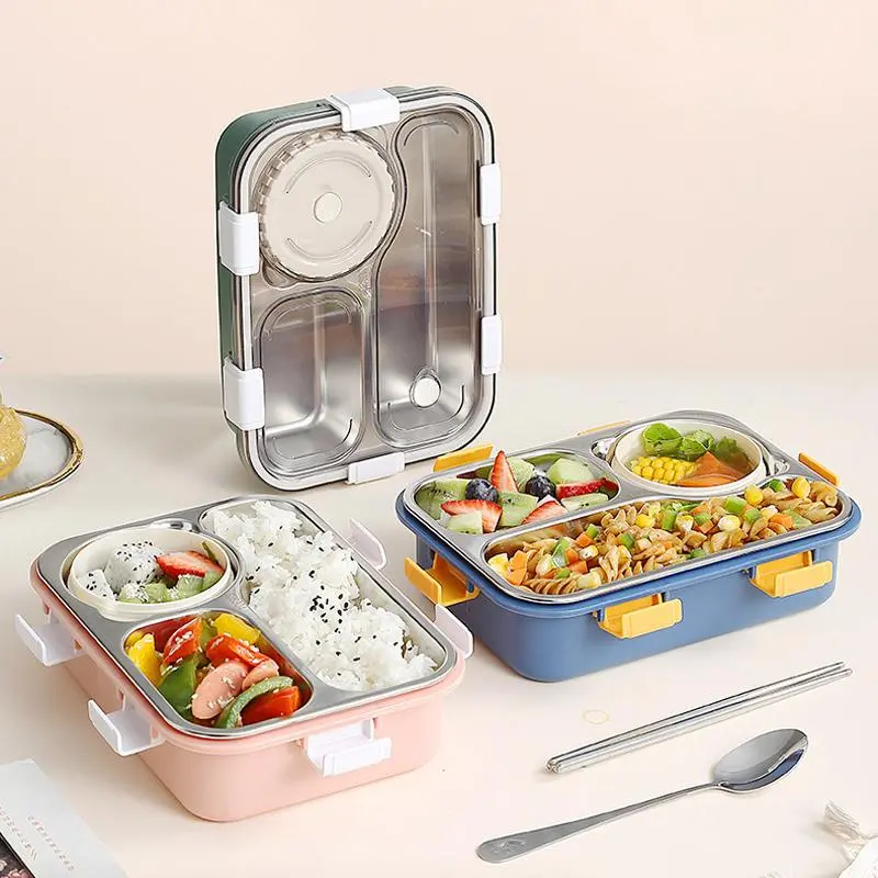 Stainless Steel Lunch Box, 1 Count Portable 3 Compartments Lunch Box with Soup Bowl,  Food Container for Home Office School