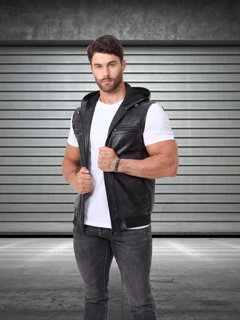 Product Introduction of Men's Solid Color PU Leather Vest Jacket, Casual Fashion Sleeveless Outerwear for Daily Outdoor Wear, Men Cloths for Fall & Winter 5