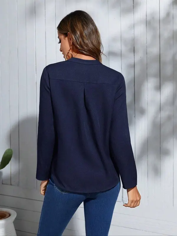 Women's Plain Notched Neck Blouse, Elegant Casual Long Sleeve Top for Daily Outdoor Wear, Ladies Clothes for All Seasons 1