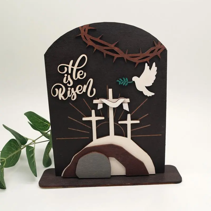 Cross & Tomb Design Wooden Ornament, 1 Count Creative Desktop Decoration, Easter Decoration for Home Living Room Bedroom, Home Decor 5