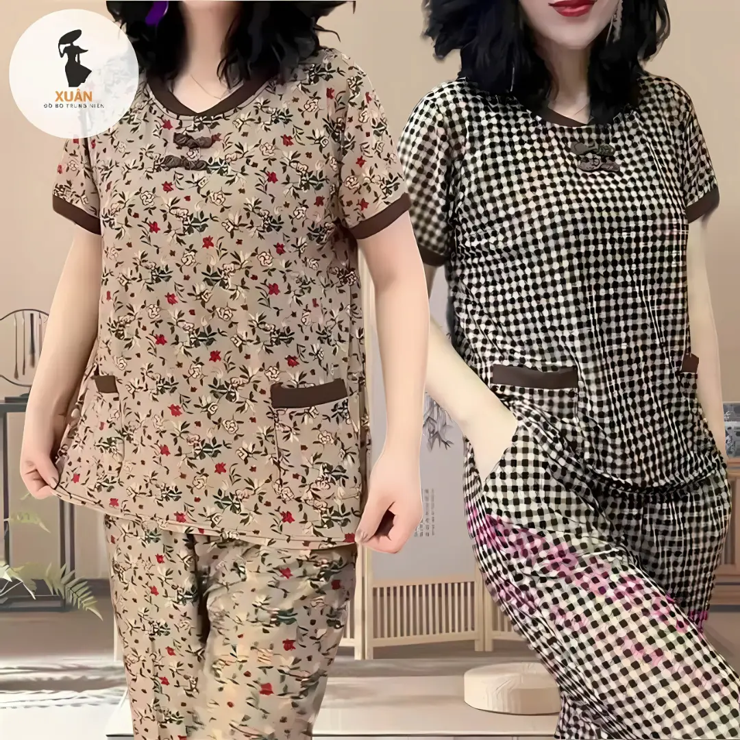Đồ bộ trung niên thun cotton mặc nhà cho mẹ u50,XUÂN FASHION quần 9 tấc co dãn thoải mái cao cấp VD77