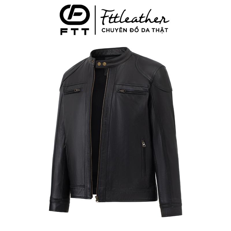 Áo da nam, áo da thật chất liệu da dê cổ trụ FTT Leather 2 khoá phối viền ngang ngực đắp vai AD318D
