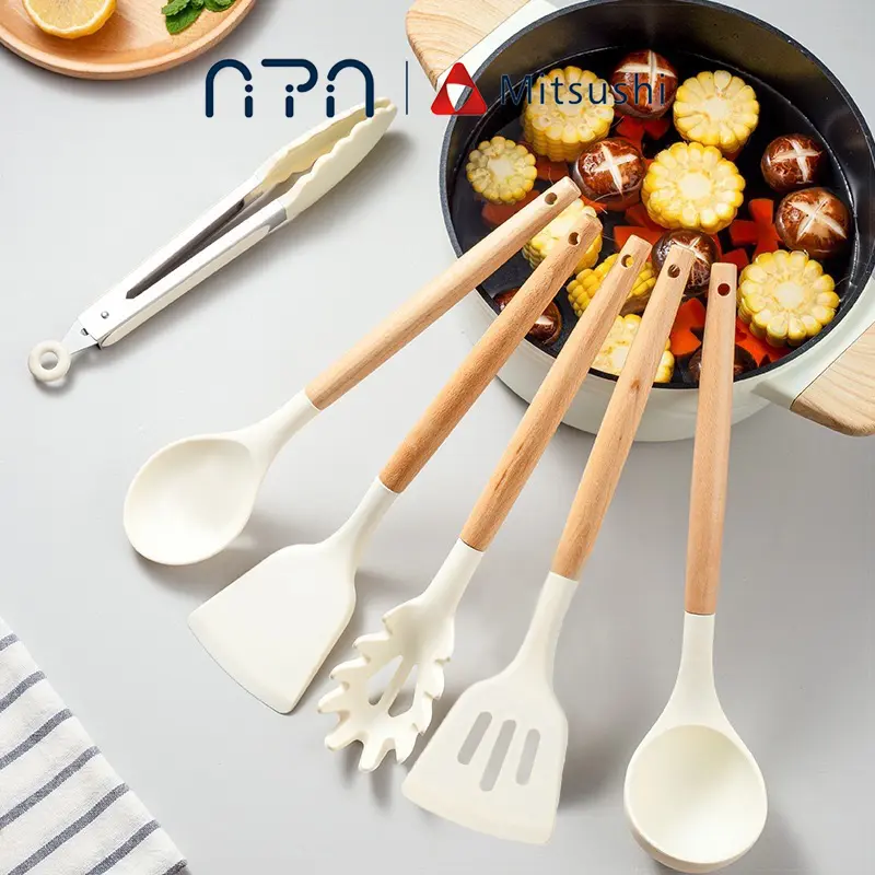 Nipiin 6PCS Japanese Style White Silicone Wooden Kitchen Utensils Spatula Cooking Tools Set Heat Resistant Food Grade Silicone Kitchen Utensils