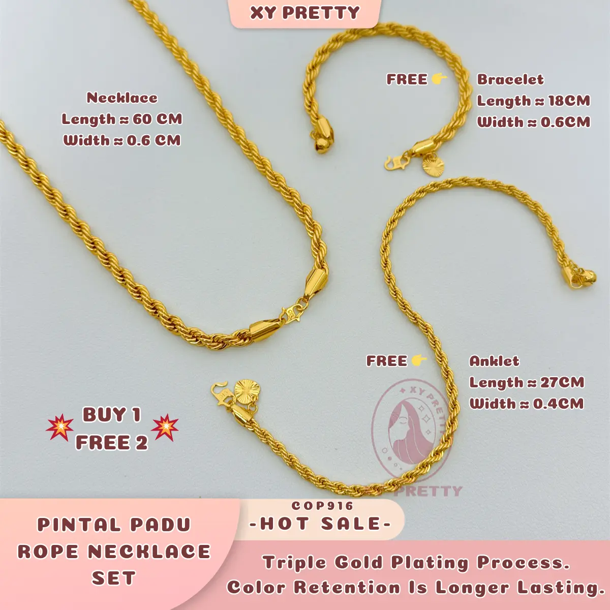 Pintal Padu Rope Necklace COP916 Length 60CM Width 0.6CM Weight 55G - FREE Bracelet and Anklet - Bracelet Length 18CM - Ankle Chain Length 27CM - Gold plated jewelry - Durable - Hypoallergenic - XYPRETTY