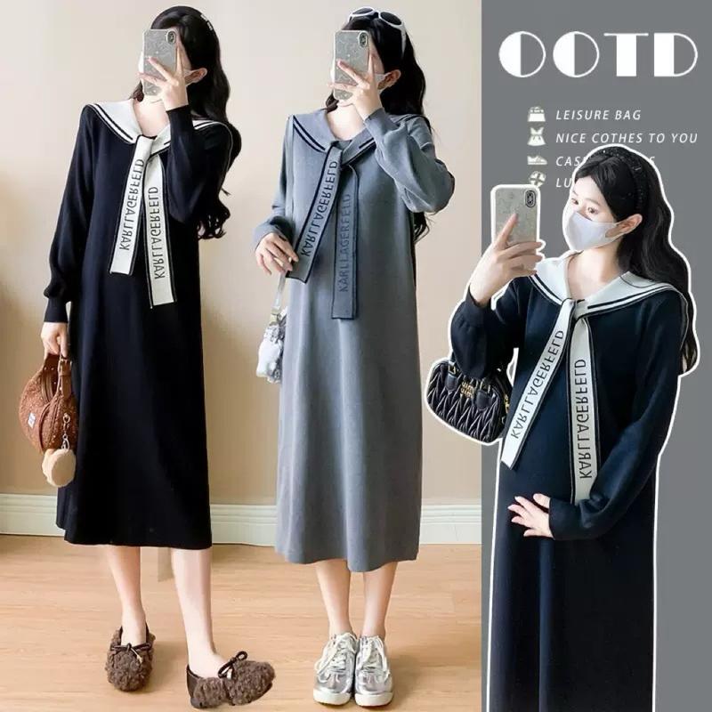 Tira Mama Design M412 Váy suông bầu dáng dài Váy len mongtoghi dài tay Váy len bầu cổ thủy thủ thêu chữ