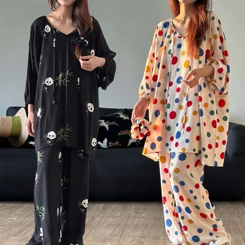 Buy One Get a New Chinese Style Traditional Panda Printing Pajamas for Women Spring and Autumn Long Sleeve New plus Size Homewear Suit Loungewear Nightwear Womenswear Lingerie Lady Pajama Set Pjs Floral Comfort Pants Trouser Longsleeve