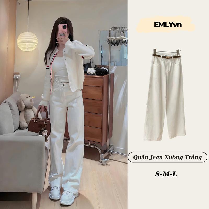 EMLYvn - Quần Jean Ống Xuông Trắng Thêu Ngựa, Quần Bò Ống Xuông Trắng Nữ QC Loại 1