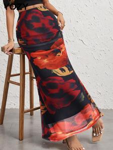 YOZY Women's Floral Print Ruched Contrast Mesh Skirt, Elegant Fashion Elastic Waist Skirt for Daily Outdoor Wear, Women's Bottoms for Spring & Fall