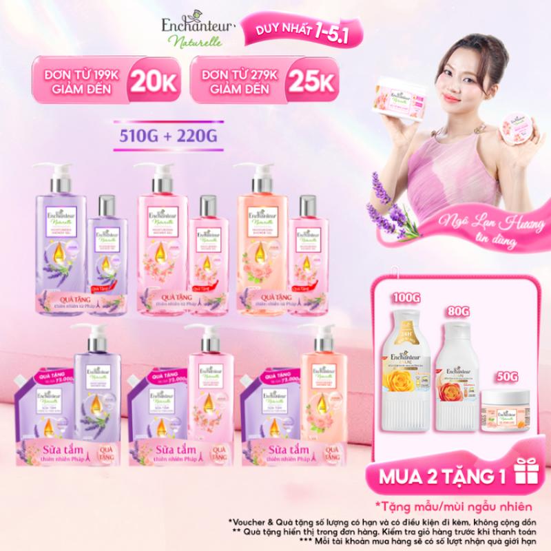   DUY NHẤT 1-5.1  TẶNG 1 SỮA TẮM 200G 220G Sữa Tắm Chăm Sóc Da Hương Tự Nhiên Enchanteur Naturelle Hương Hoa Lavender  Iris  Rose 510g  Chai 