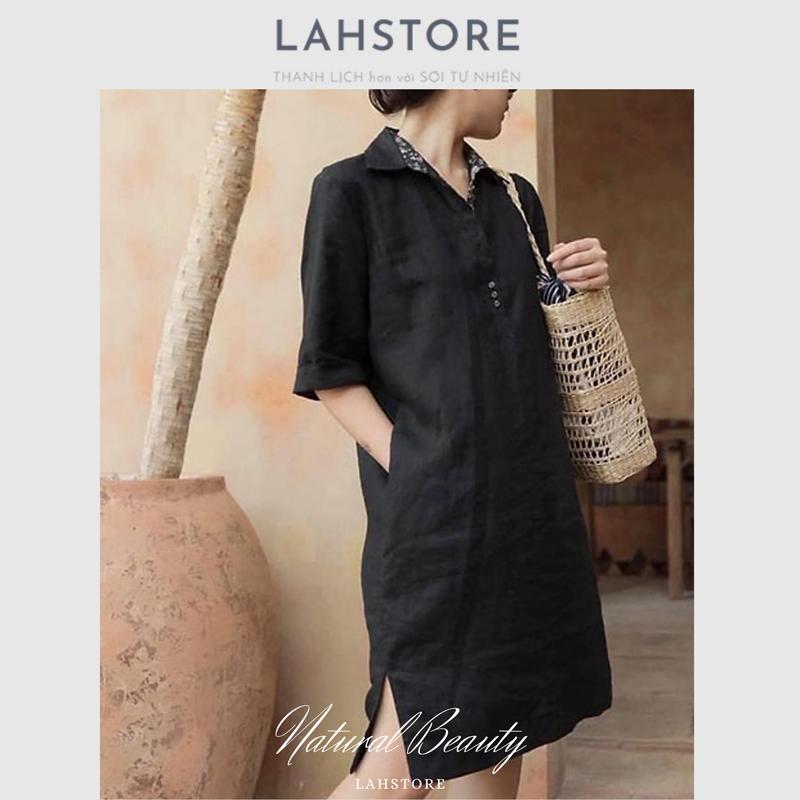 Đầm suông linen LAHSTORE chất linen mềm mát, cổ đức phối nẹp pha cao cấp sang trọng (Đen) Nữ Dress 3