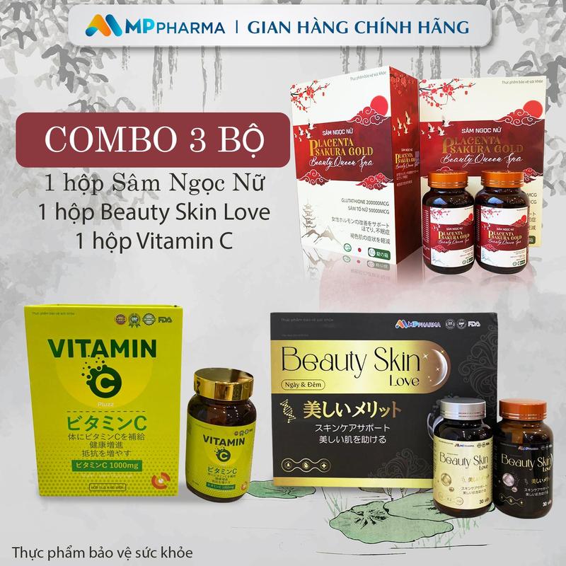 A02G Combo hỗ trợ chăm sóc da gồm  1 hộp-TPBVSK Sâm Ngọc Nữ BEAUTY QUEEN SPA và 1 hộp -TPBVSK Beauty Skin Love ,1 hộp Vitamin C-hỗ trợ chăm sóc sắc đẹp  -hộp 60 viên