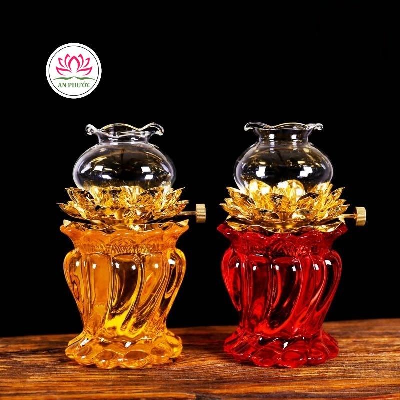 Đèn Dầu Xoắn Lưu Ly Thủy Tinh Cao 15cm - Đèn Thờ Hoa Sen Thắp Dầu