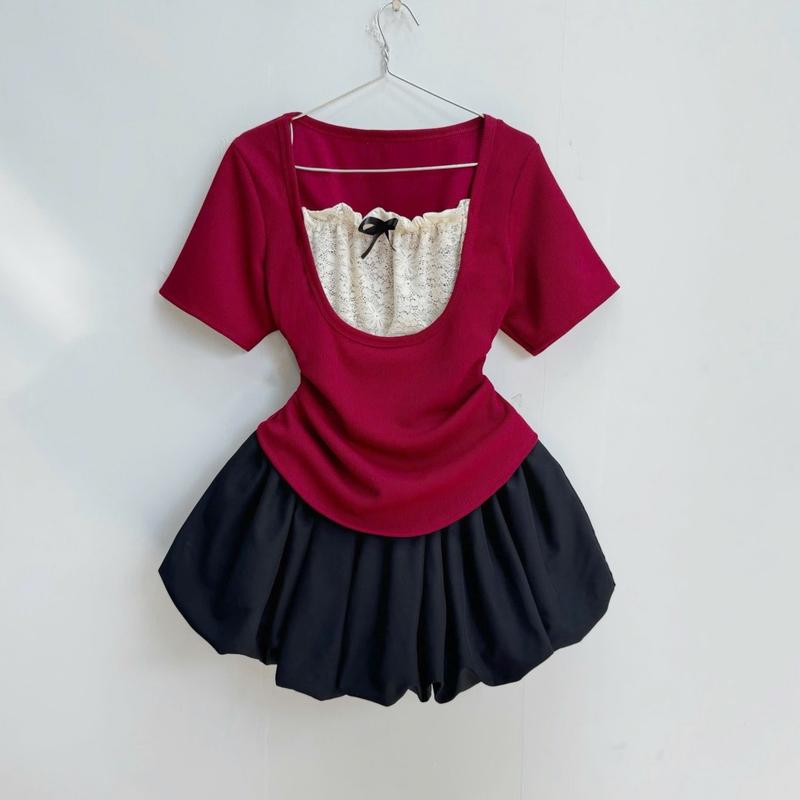 Set Tiểu Thư Phối Ren Bigsize CÓ LẺ VÁY Áo Cổ Vuông Phối Ren 2 Lớp Mềm Mại Kết Hợp Chân Váy Bí Dễ Thương Cho Chuppy 50-95Kg SET948 Women Top