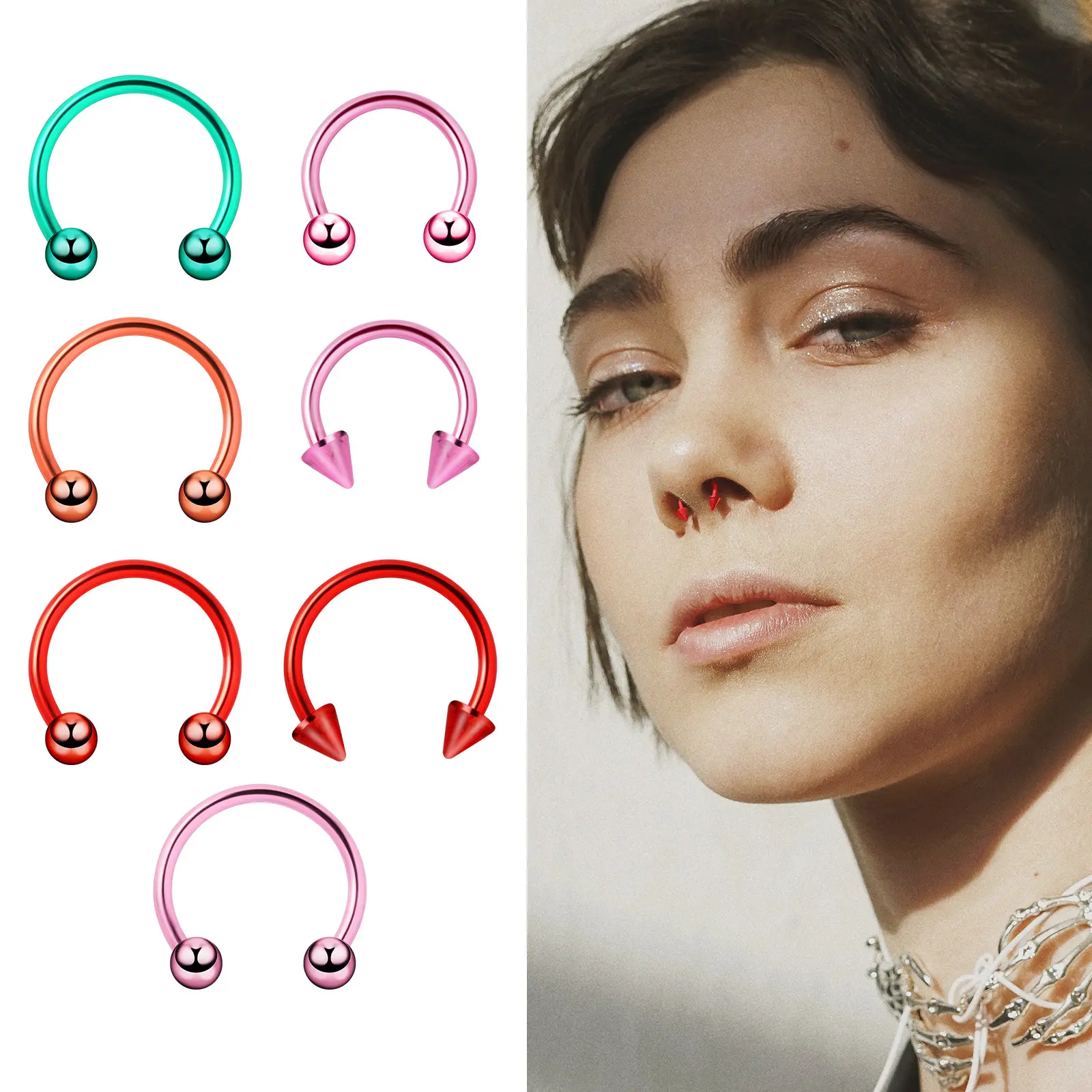 Amazon Wish New European and American Style Stainless Steel Earring Set Nose Stud Nose Ring Piercing Fashion Jewelry Colorful
