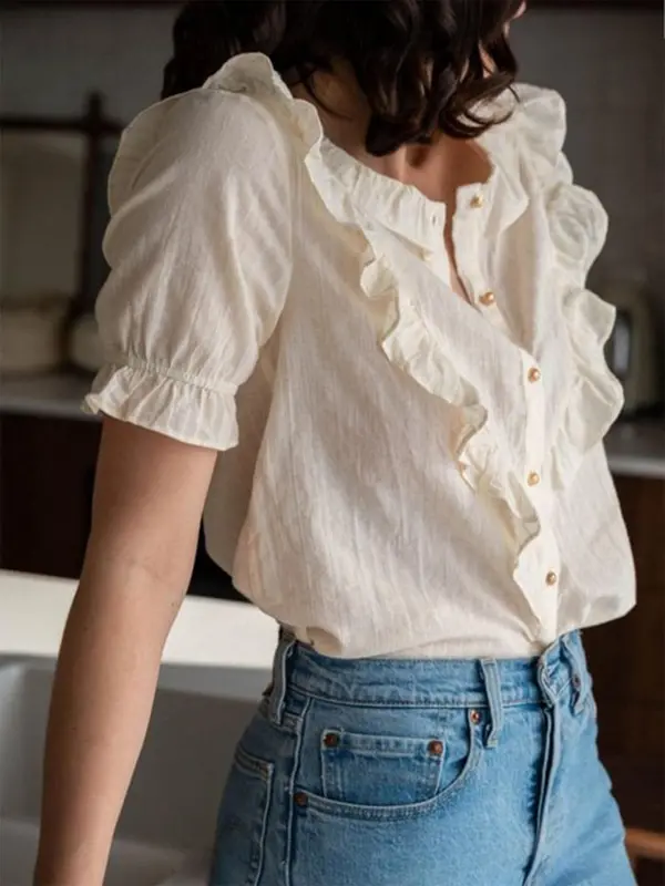 Women's Plain Ruffle Trim Peplum Blouse, Minimalist Casual Round Neck Short Sleeve Top for Summer, Women's Clothing for Daily Wear 2