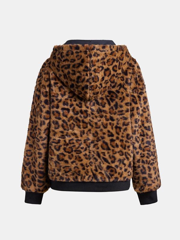 YOZY Women's Leopard Print Zip Up Thermal Lined Reversible Hooded Jacket, Fashion Casual Long Sleeve Pocket Outerwear for Daily Outdoor Wear, Women Clothing for Fall & Winter 5