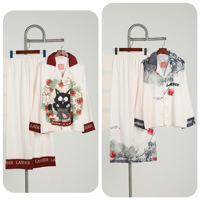 Bộ pijama (không túi ) quần dài tay dài trắng kem lựu ghi - mèo cổ đỏ