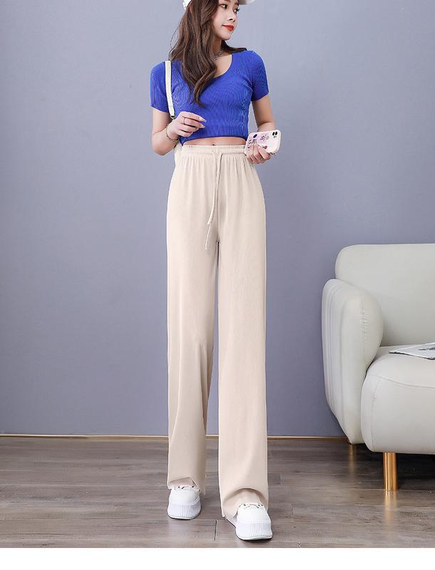 Product Introduction of Ice Silk Wide-Leg Pants Women's 2024 Summer Thin High Waist Drooping Slim Anti-Mosquito Casual Loose Straight Mop Trouser Womenswear Bottom Lingerie 18